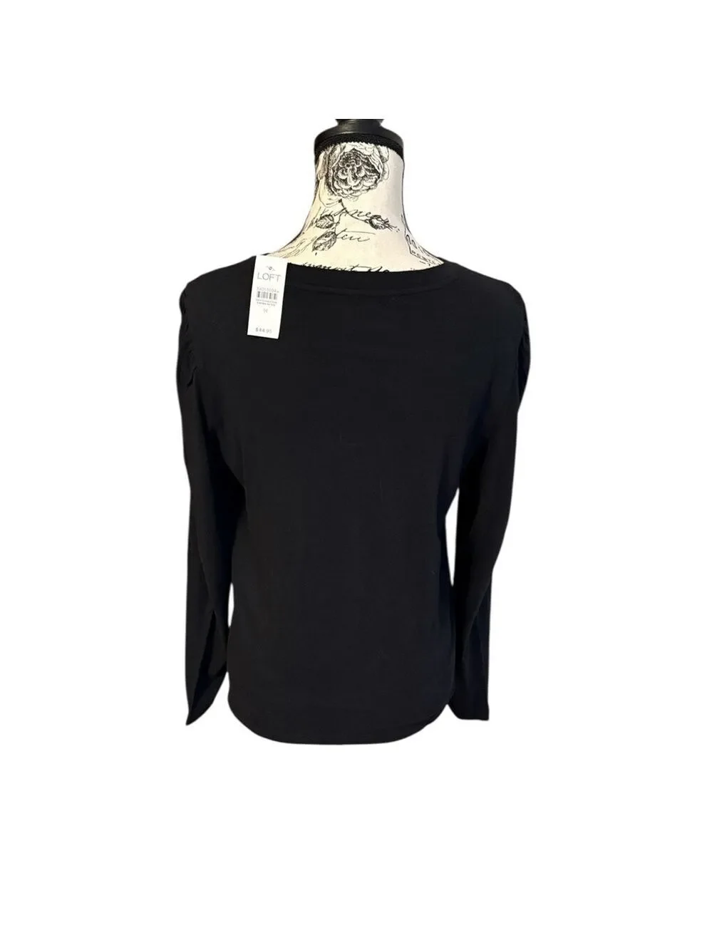 LOFT Black Tee Long Sleeve Silver Bead Bow Embellishment Size M New